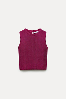 ZARA ОДНОТОННЫЙ ТРИКОТАЖНЫЙ ТОП С БЛЕСТЯЩЕЙ НИТЬЮ, БАКЛАЖАНОВЫЙ