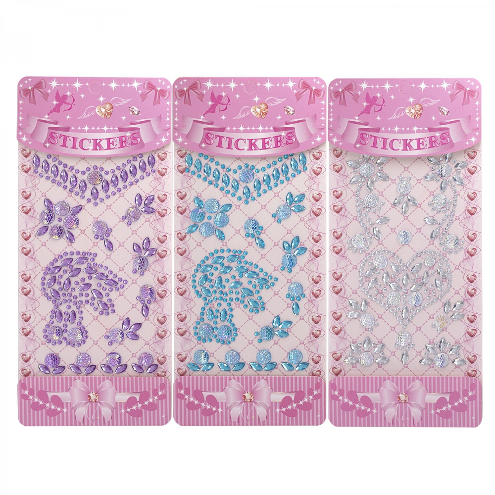 Наклейки-стразы Alingar, акриловые, "Зайчик и сердечко", ассорти (фиолет, голуб, кристалл), пакет с европодвесом