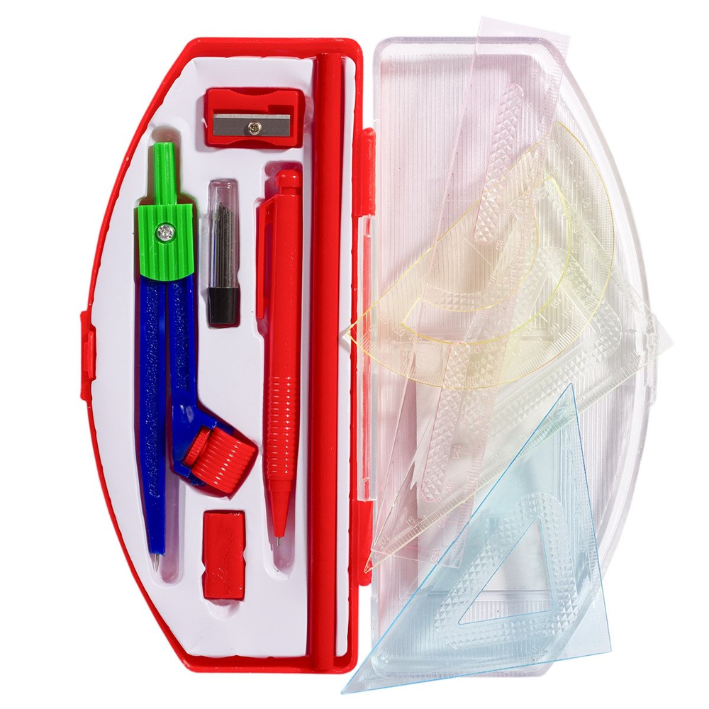 Готовальня Alingar, 10 предметов, пластик. циркуль, механический карандаш, ч/г карандаш, набор линеек 4шт, точилка, ластик, пластиковый футляр