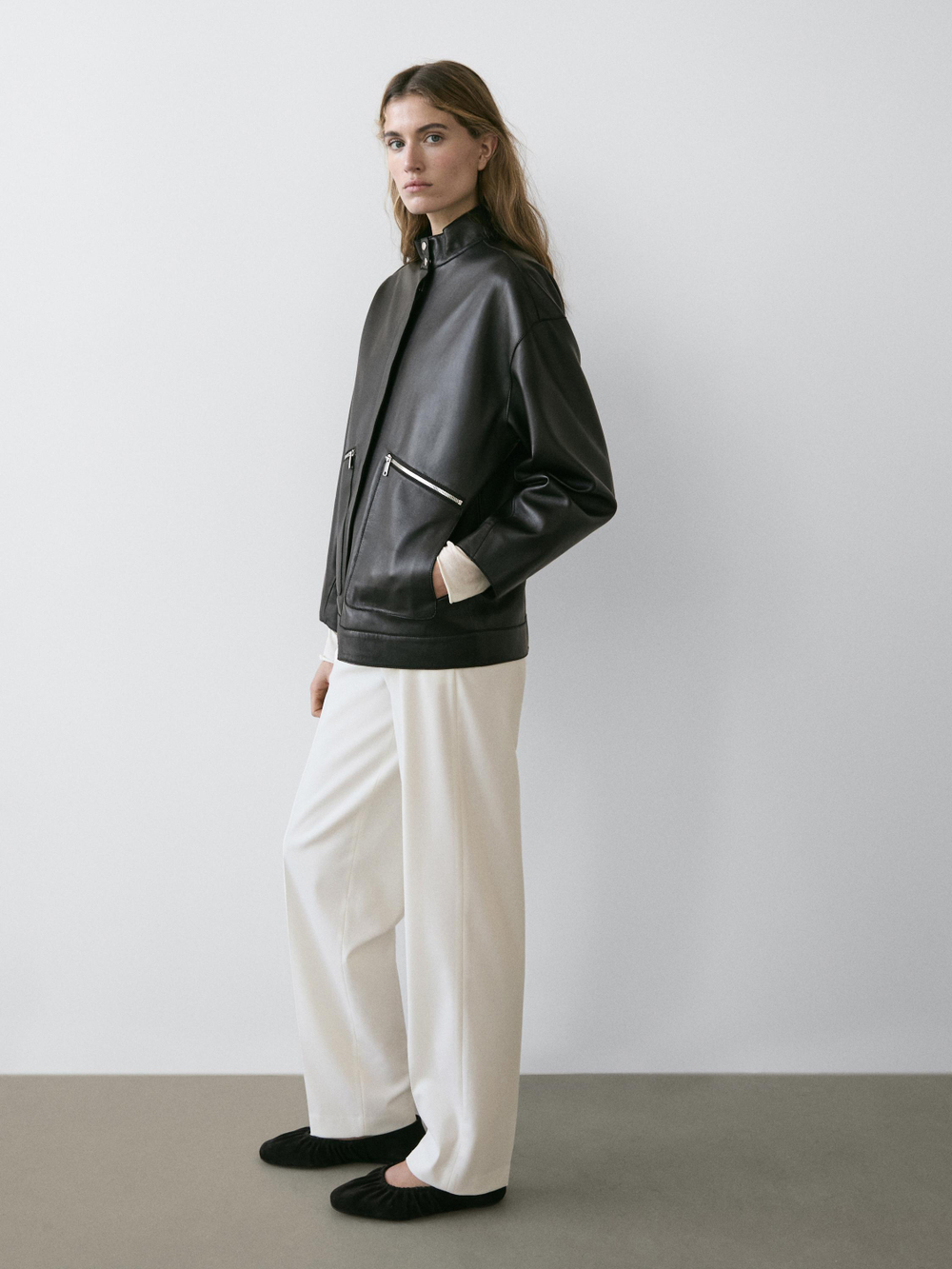 Massimo Dutti Куртка из кожи наппа с карманами, черный