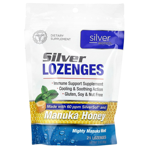 American Biotech Labs, Silver Lozenges, Mighty Manuka Mint, 21 пастилка, 85 г (3 унции)