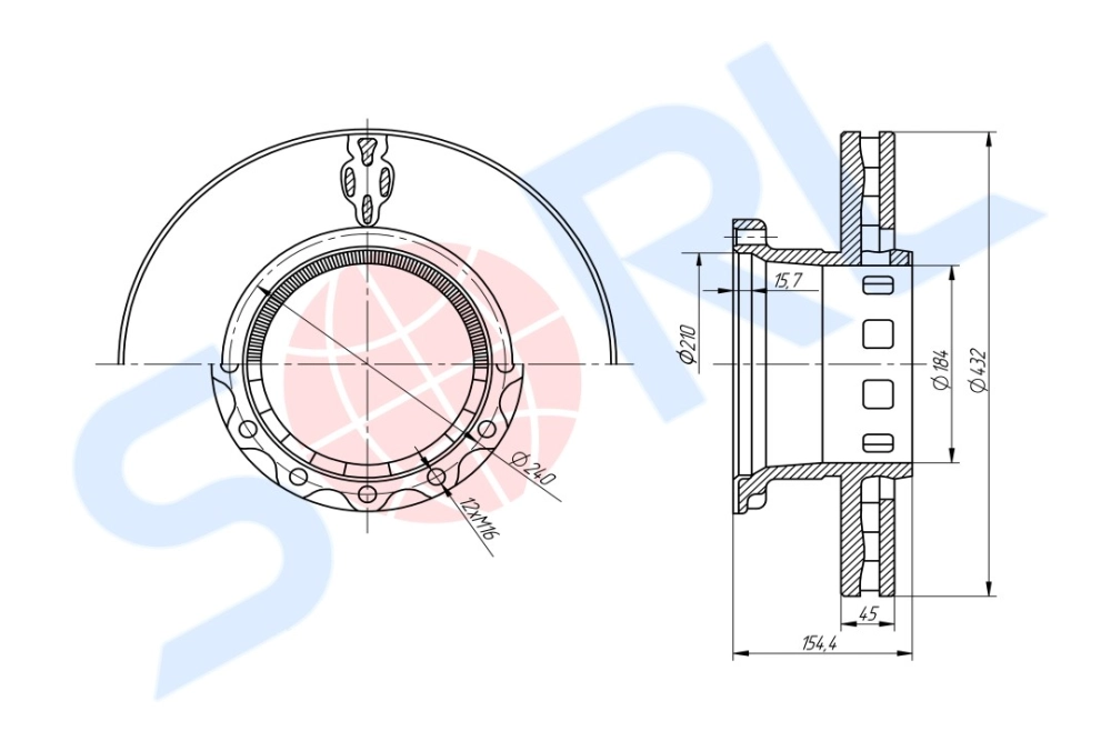 Диск тормозной 432/210x45/154.4 n12-240-M16x2 IVECO (2995812) SORL