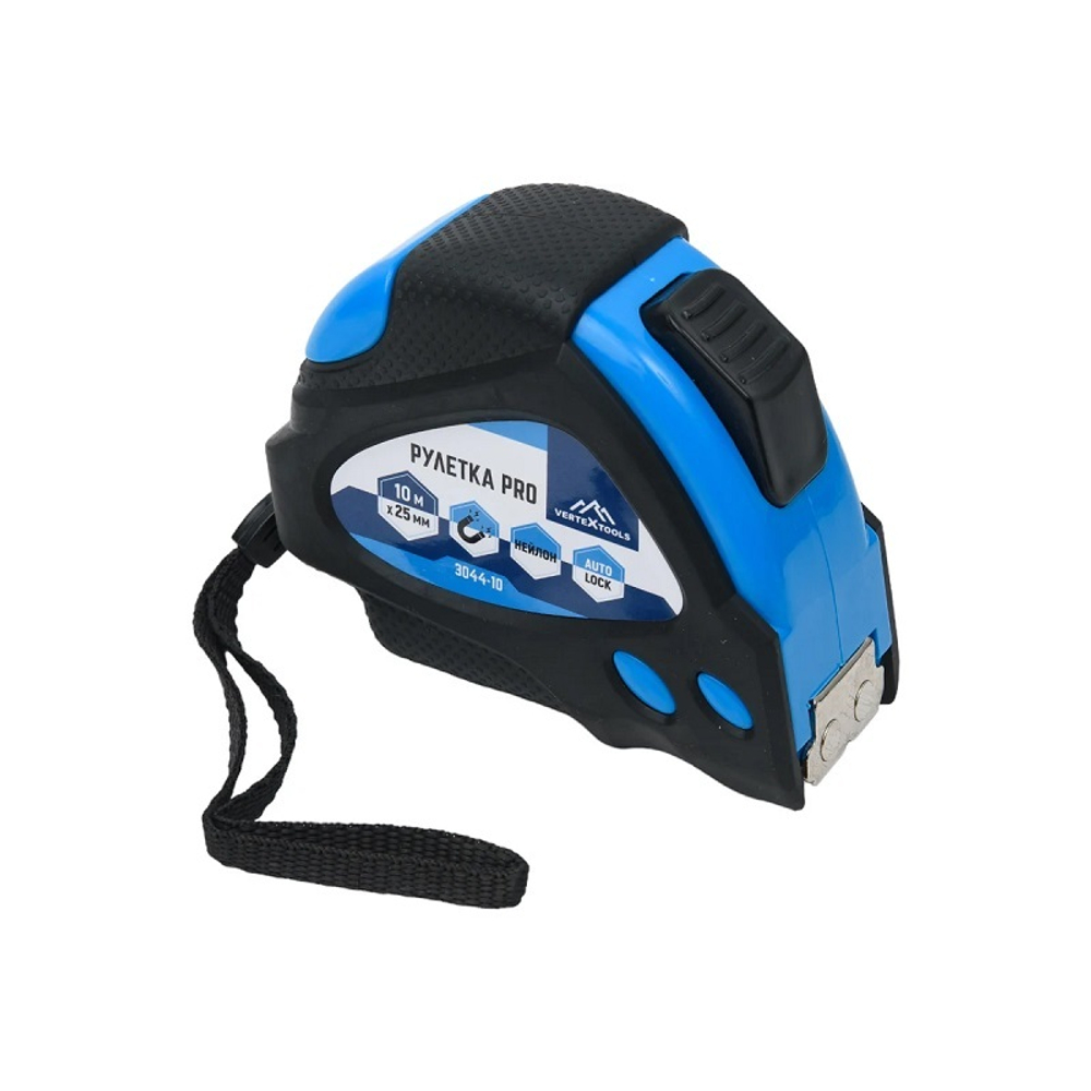 Рулетка 10 м 25 мм обрезиненный корпус, автостоп VERTEXTOOLS