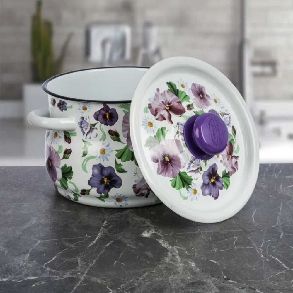 Набор эмалированной посуды 4 пр, кастрюли 4,5.5 л, Сиб товары, Анютины глазки 10, N10B54