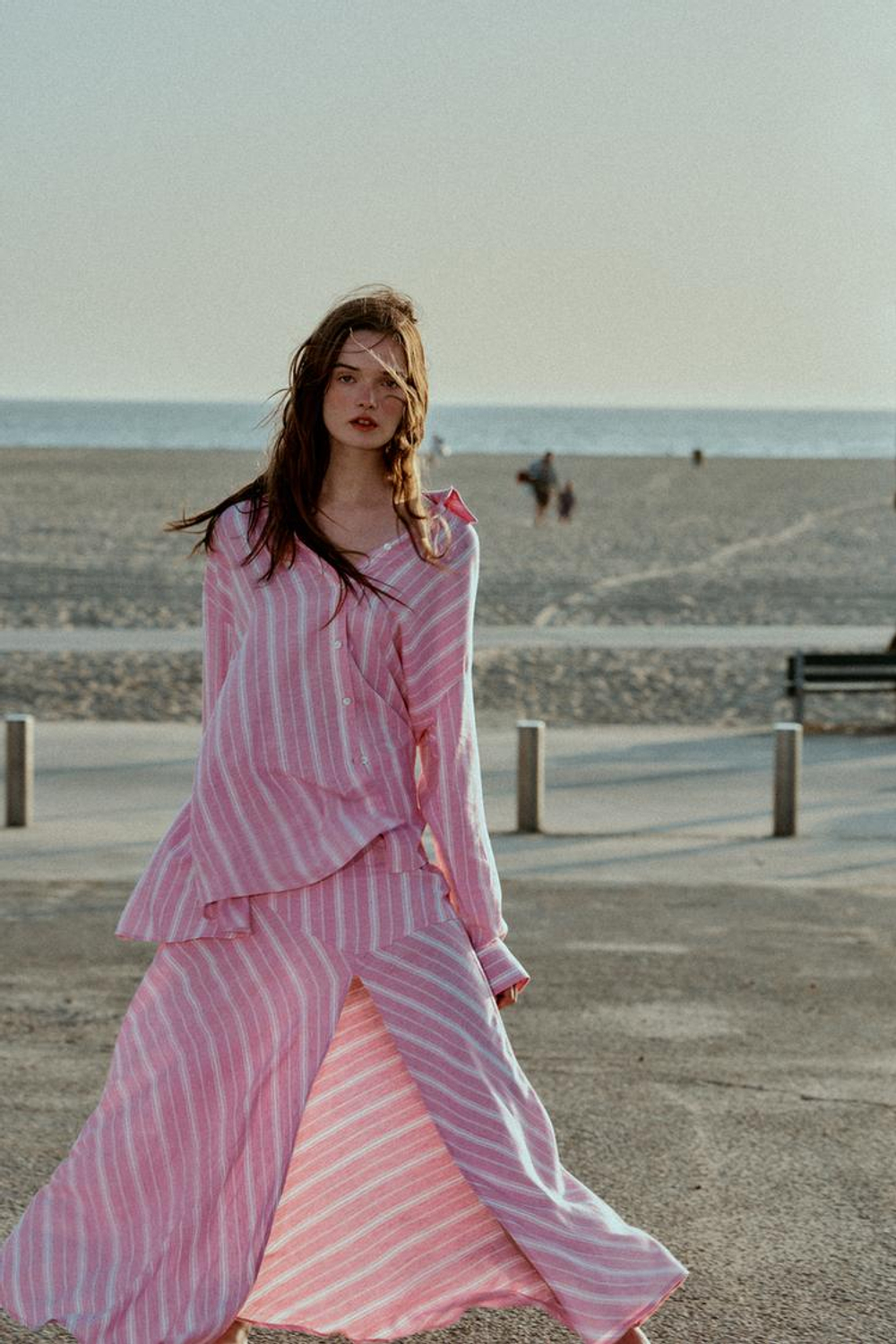 ZARA РУБАШКА ОВЕРСАЙЗ ИЗ ЛЬНА В ПОЛОСКУ, РОЗОВЫЙ/БЕЛЫЙ