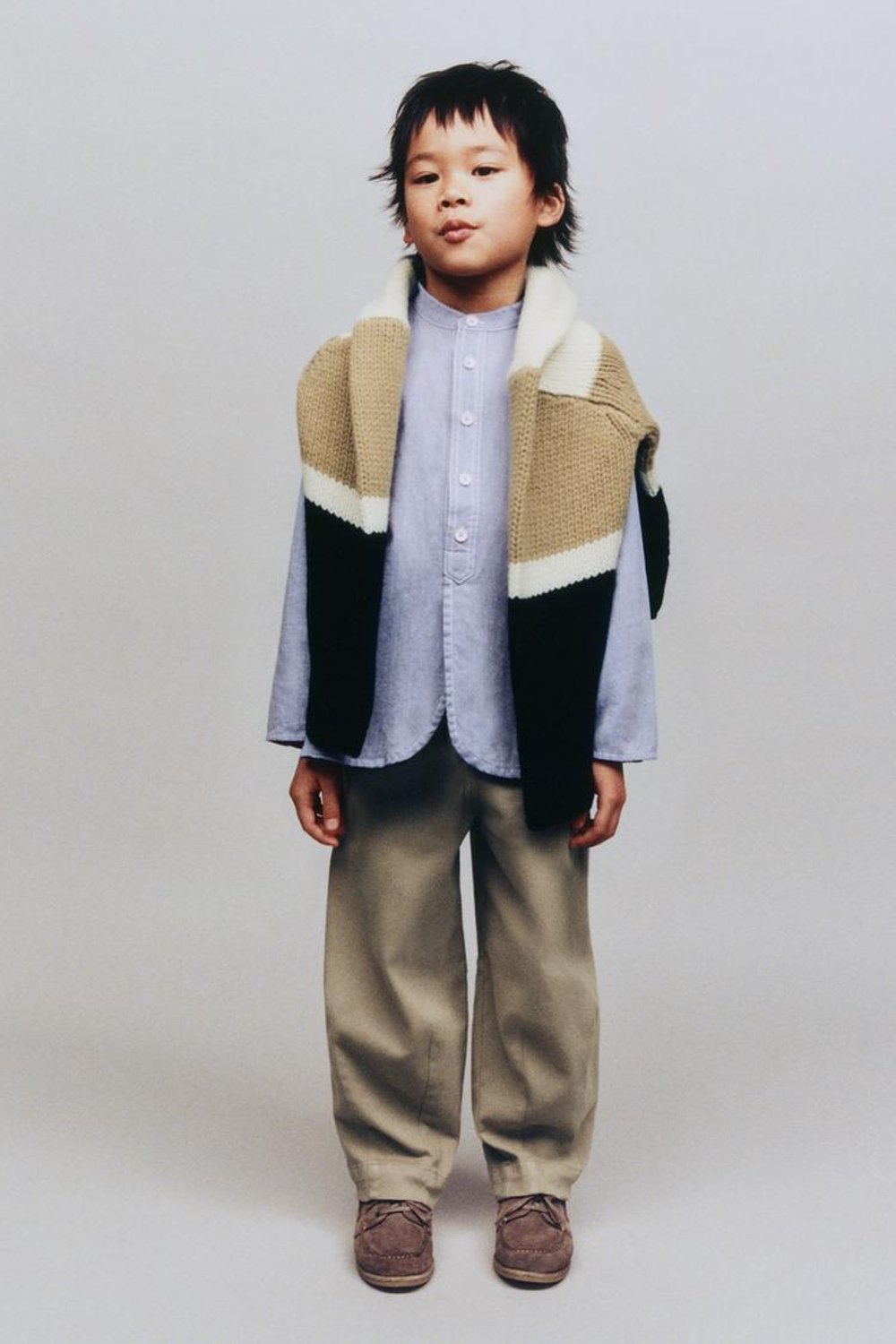 ZARA РУБАШКА С ВОРОТНИКОМ-СТОЙКОЙ, ВЫЦВЕТШИЙ СИНИЙ