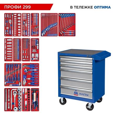 Цена на МАСТАК (52-06299B) Набор инструментов 299 предметов, "ПРОФИ 299", в синей тележке