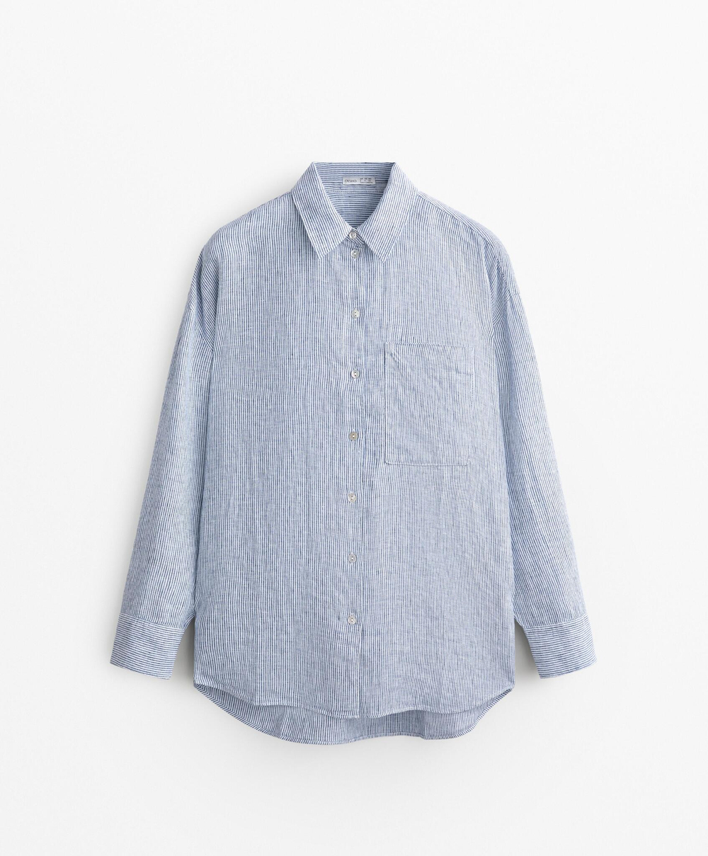 Oysho Рубашка свободного кроя из 100% льна, голубой