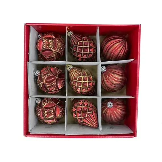 Набор пластиковых шаров Рандеву 80 мм., 9 шт., красный с золотом, Christmas DeLuxe (87799)