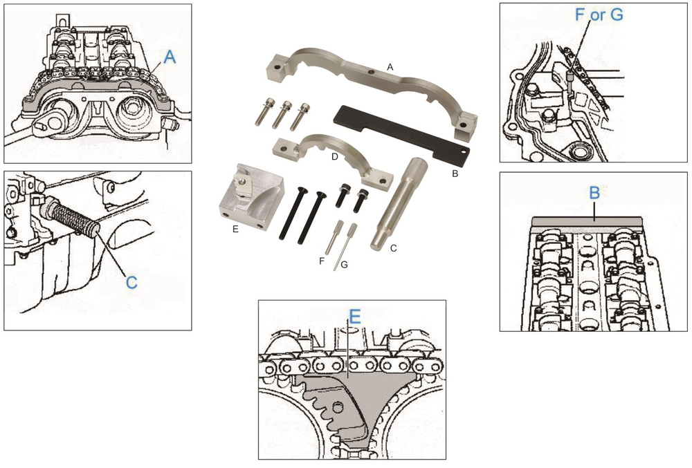 JTC-4440 - Набор приспособлений для фиксации коленвала и распредвала (OPEL,VAUXHALL,CHEVROLET) JTC - Комплектация 

Фиксатор для установки задающих датчиков распредвалов EN-49977-100;
Фиксатор распредвала OPEL EN-953-A / KM-953-A;
Фиксатор коленвала OPEL KM 952;
Фиксатор маркерного диска датчика распредвала EN-49978;
Шаблон для установки положения впускного распредвала EN-49977-200;
Фиксирующий штифт для натяжителя ГРМ Opel KM-955-2 (4 мм);
Штифт для натяжителя KM-955-1 (2.5 мм)


Описание

Используется для блокировки распределительного и коленчатого валов.



Применение

Opel/Vauxhall/Chevrolet 1.0, 1.2, 1.4 бензиновый двигатель (цепь).
Тип двигателя:

1.0: A10XEP,
Ecoflex: A10XEP.
1.2: A12XEL, L2Q/ A12XEL, LWD/ A12XEL,
Ecoflex: A12XER, A12XEL.
1.4: A14XEL, L2Z/ A14XEL , LDD/A14XER, A14XEL, LUJ/A14NET
Ecoflex: A14XER, LDD,LUH/ A14NEL, LUJ/A14NET, LUU
Turbo: LUJ/A14NEL, LUJ/A14NET.