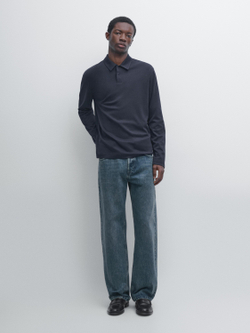 Massimo Dutti Поло с длинными рукавами и кнопками, темно-синий