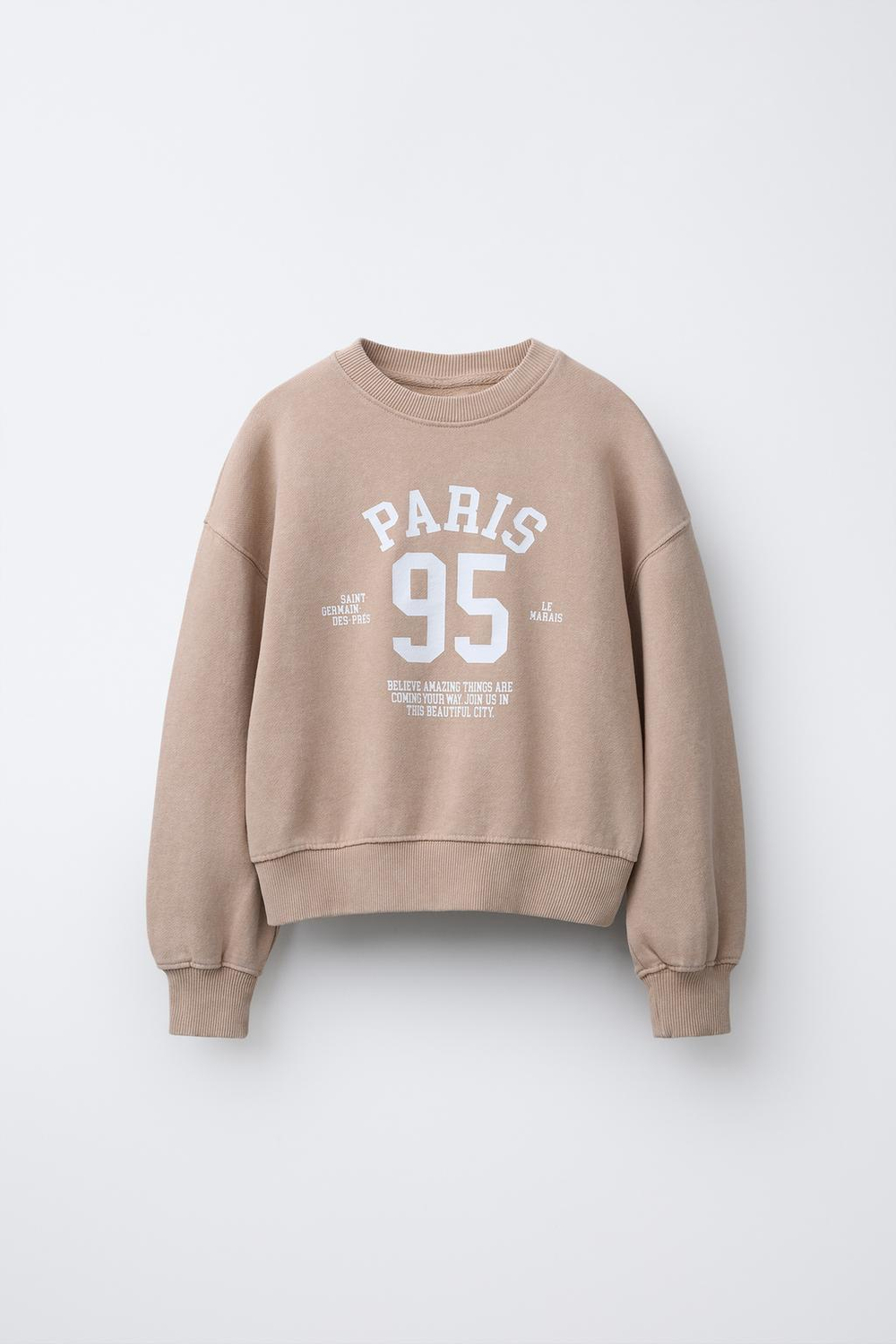 ZARA ТОЛСТОВКА С ЭФФЕКТОМ ПОТЕРТОСТИ И НАДПИСЬЮ, БЕЖЕВЫЙ