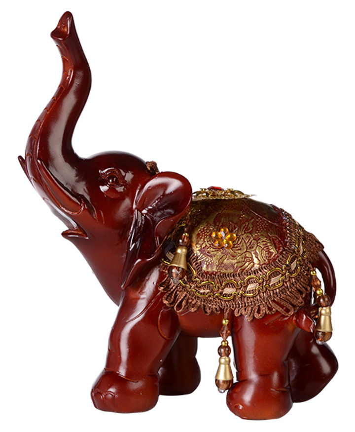 Статуэтка Слон хобот вверх смотрит влево с цветком, попона золотисто-коричневая, полистоун 26 см