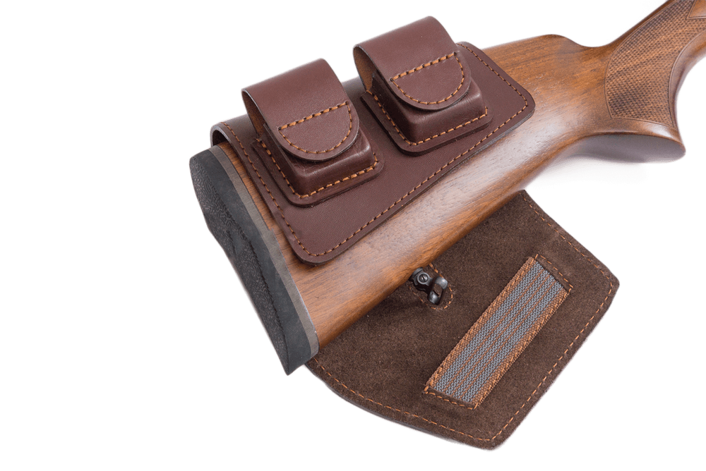 Патронташ на приклад с чехлом под зап.магазин 3-5п кал.22WMR,22LR / кожа / коричневый