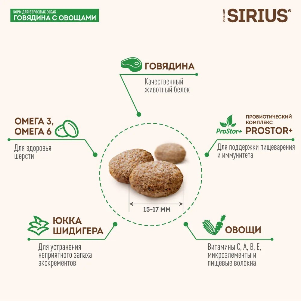 SIRIUS Сухой корм для взрослых собак с говядиной и овощами, 2кг. Сириус