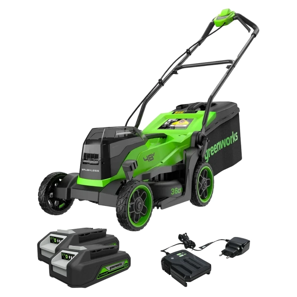 Аккумуляторная газонокосилка Greenworks GD24X2LM361K2 24В (2 x 2 Ач, ЗУ) нож 36 см, 2520707U2A