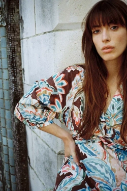 ZARA ПЛАТЬЕ ИЗ ПОПЛИНА С ПРИНТОМ И УЗЛОМ, КОРИЧНЕВЫЙ/ЭКРЮ