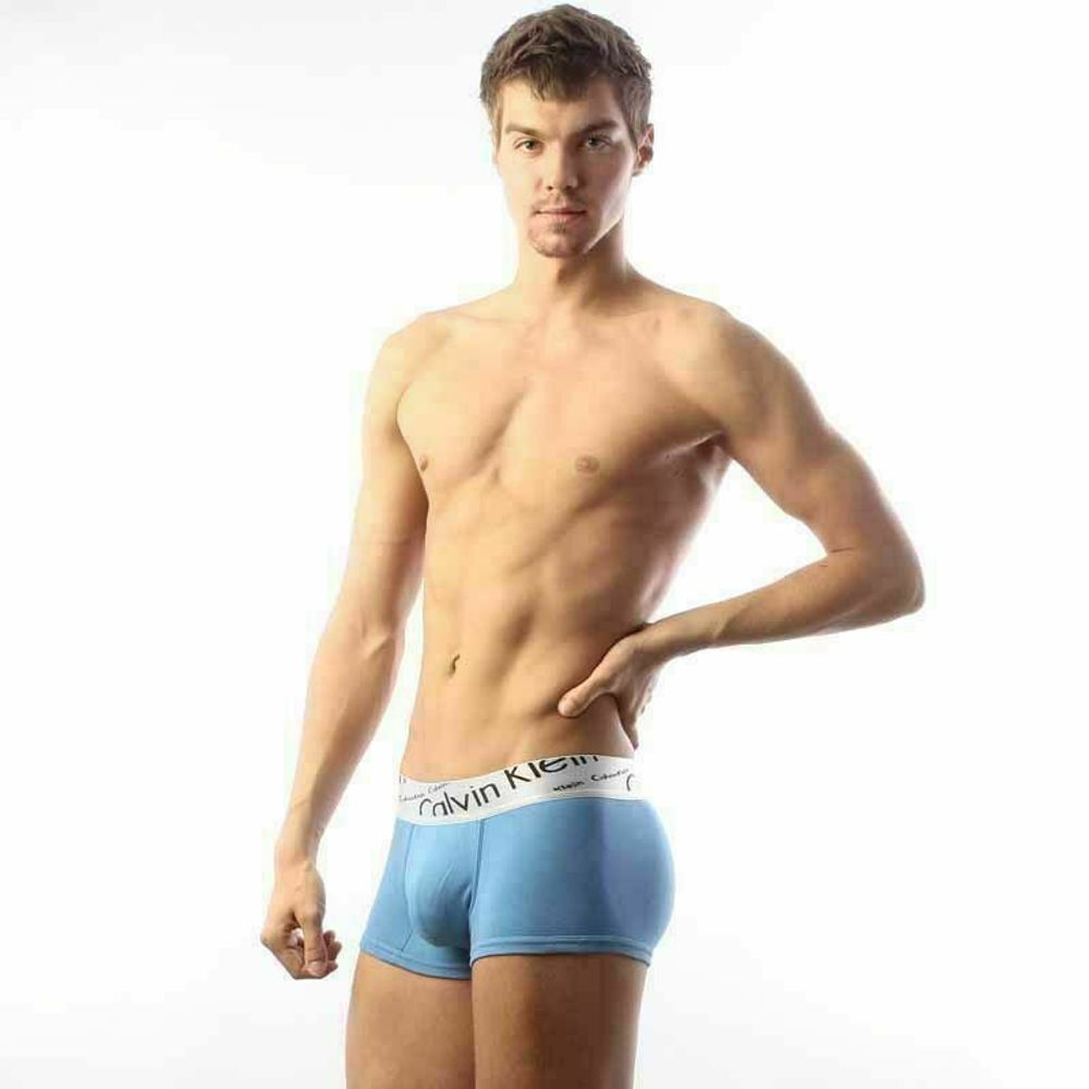 Мужские трусы боксеры голубые с косой резинкой (модал) Calvin Klein Steel Boxer Italics Blue