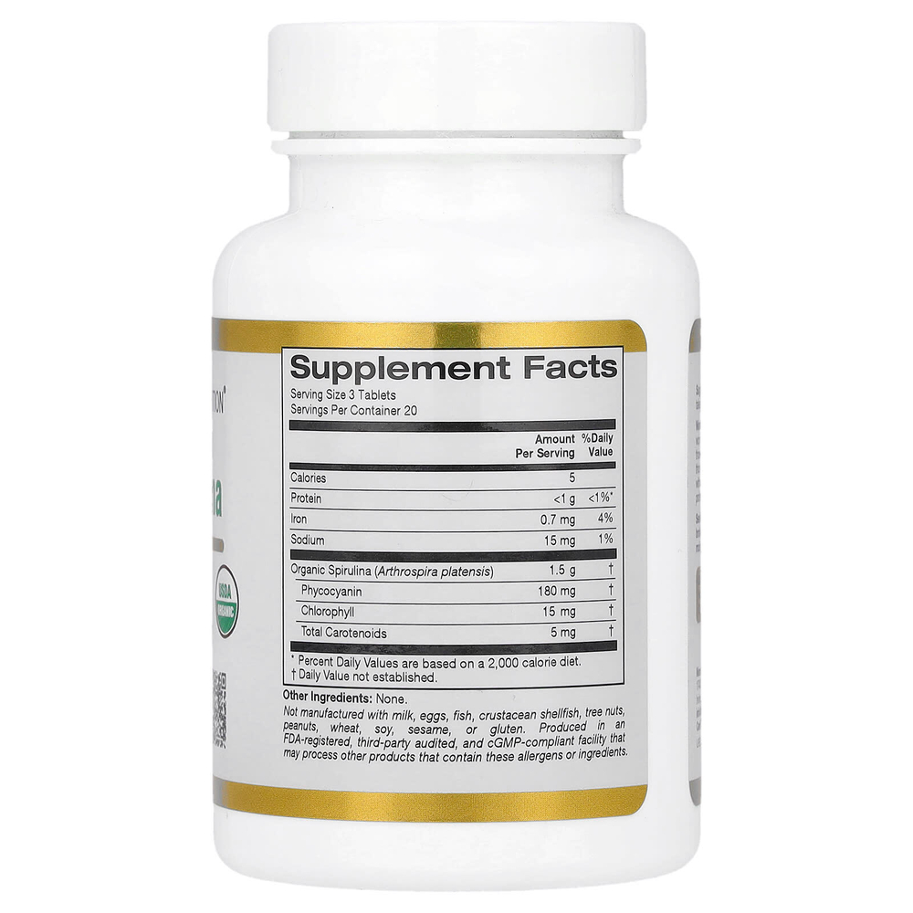 California Gold Nutrition, органическая спирулина с фикоцианином и хлорофиллом, 60 таблеток (500 мг в 1 таблетке)