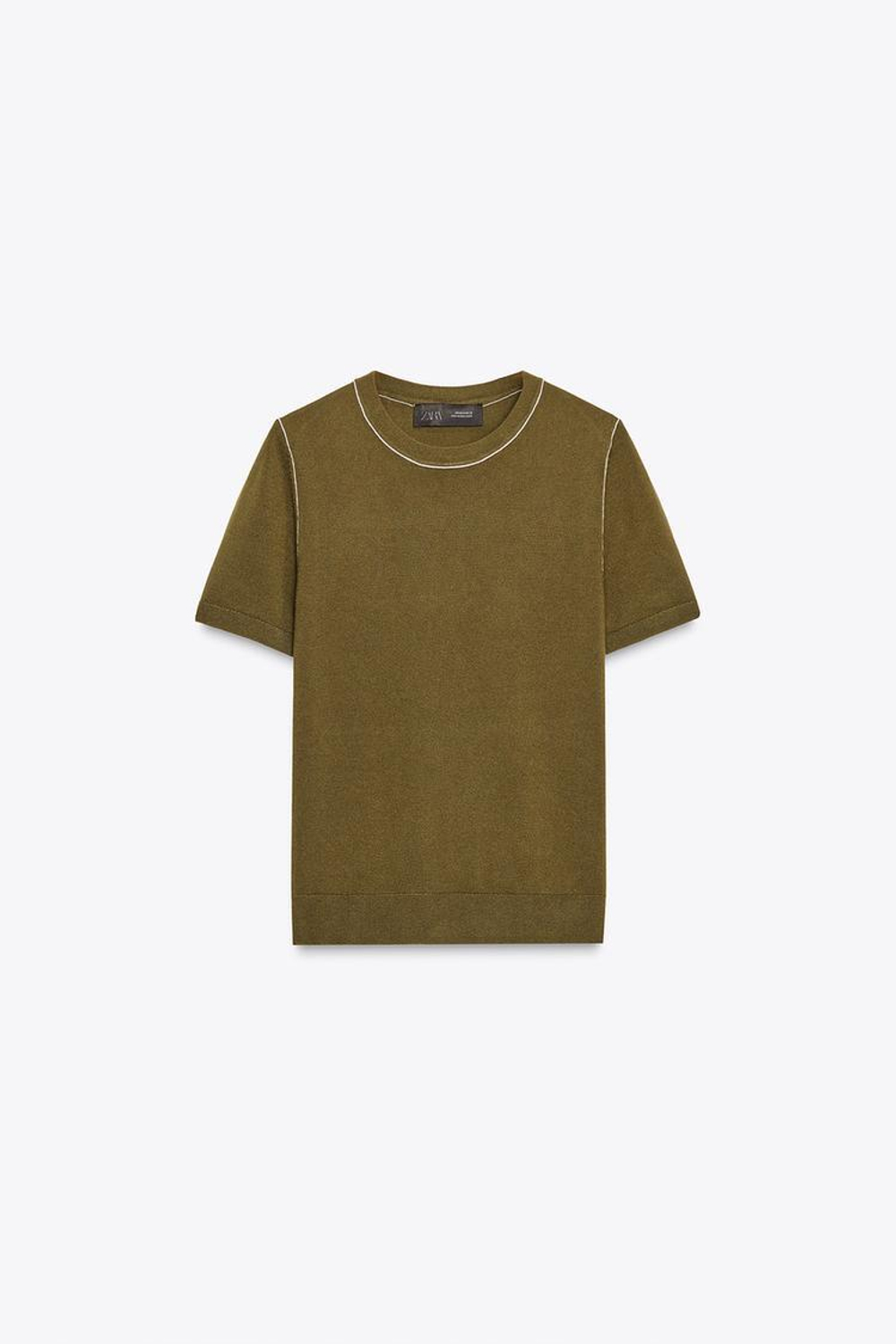 ZARA ТРИКОТАЖНЫЙ ТОП С КОРОТКИМИ РУКАВАМИ И ОТДЕЛКОЙ, ХАКИ