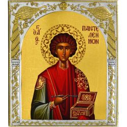 Икона Пантелеймона Целителя в античной серебряной ризе.