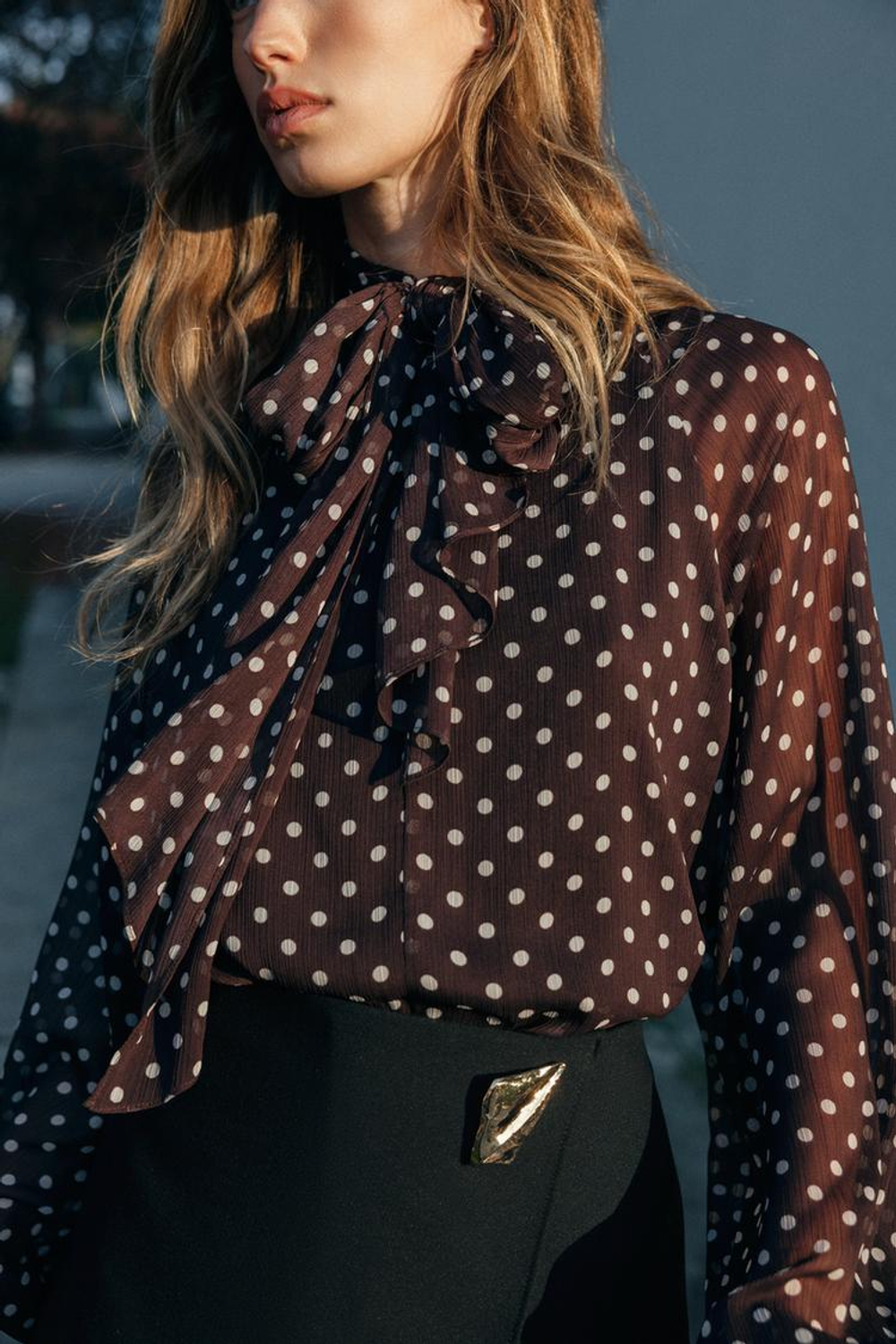 ZARA БЛУЗА В ГОРОШЕК, КОРИЧНЕВЫЙ/БЕЛЫЙ