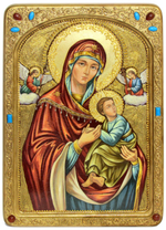 Живописная инкрустированная икона Пресвятой Богородицы «Страстная» 42х29см на кипарисе в березовом киоте