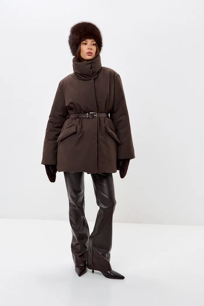 Куртка зимняя на поясе Фрости шоколадного цвета