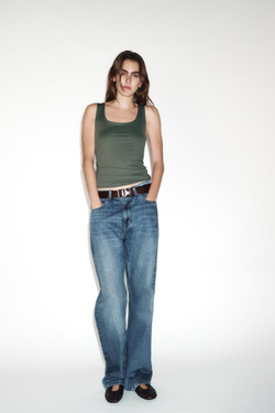 ZARA ТОП ИЗ ПОЛИАМИДА С ШИРОКИМИ БРЕТЕЛЯМИ, СВЕТЛЫЙ ХАКИ