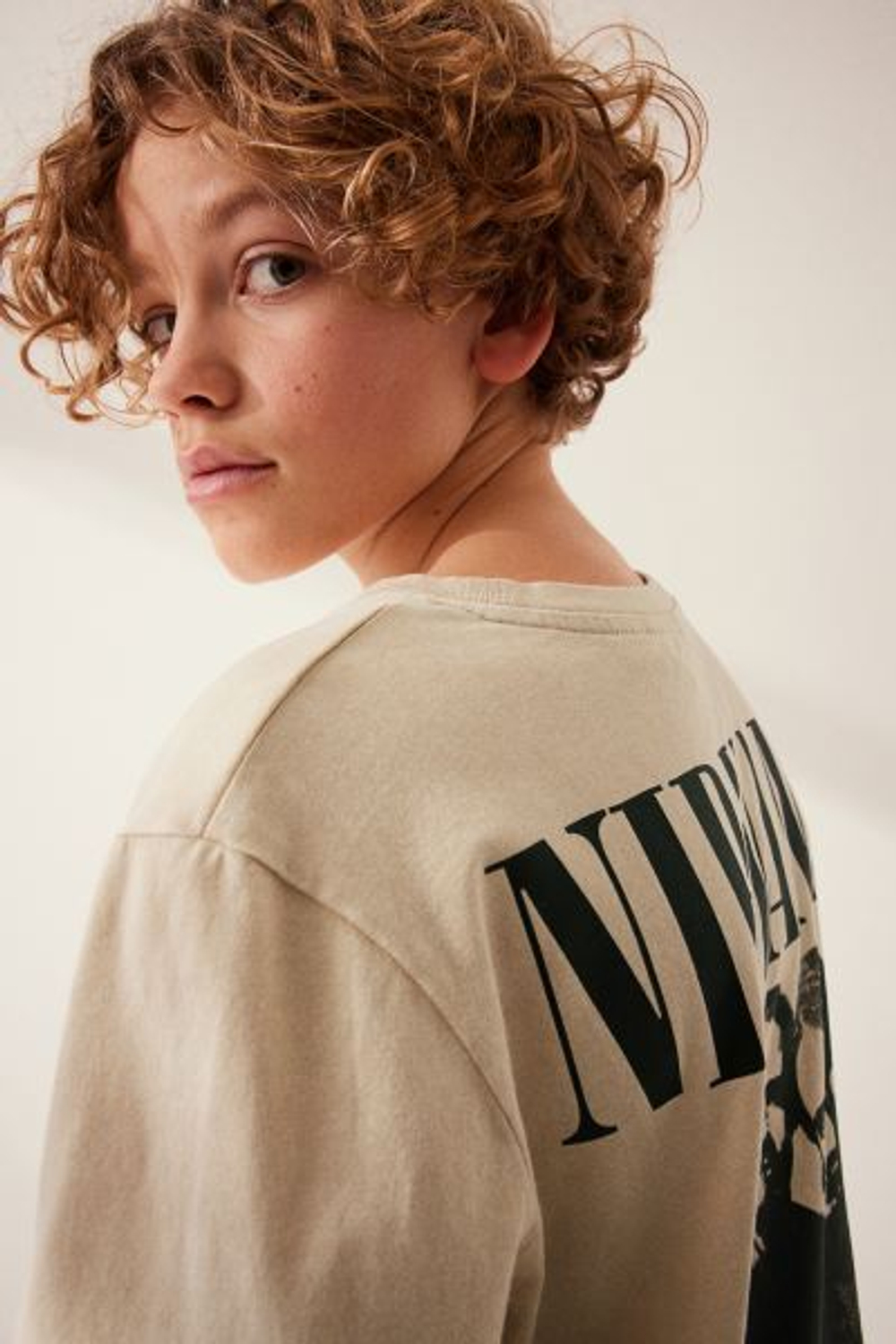 H&M Хлопковая футболка с принтом, светло-бежевый