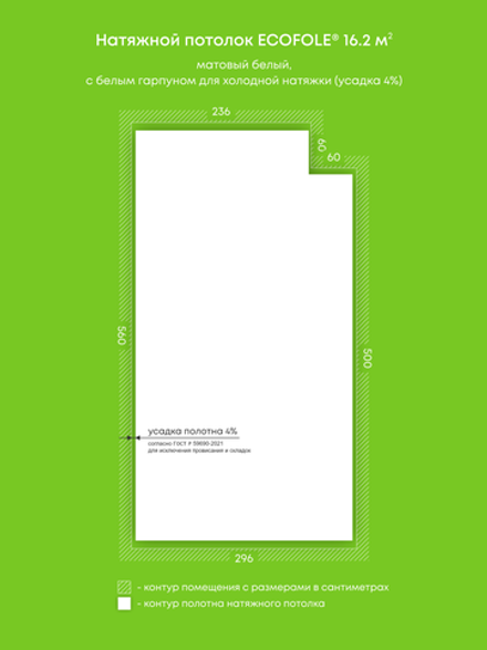 Матовый натяжной потолок 16.2 м2