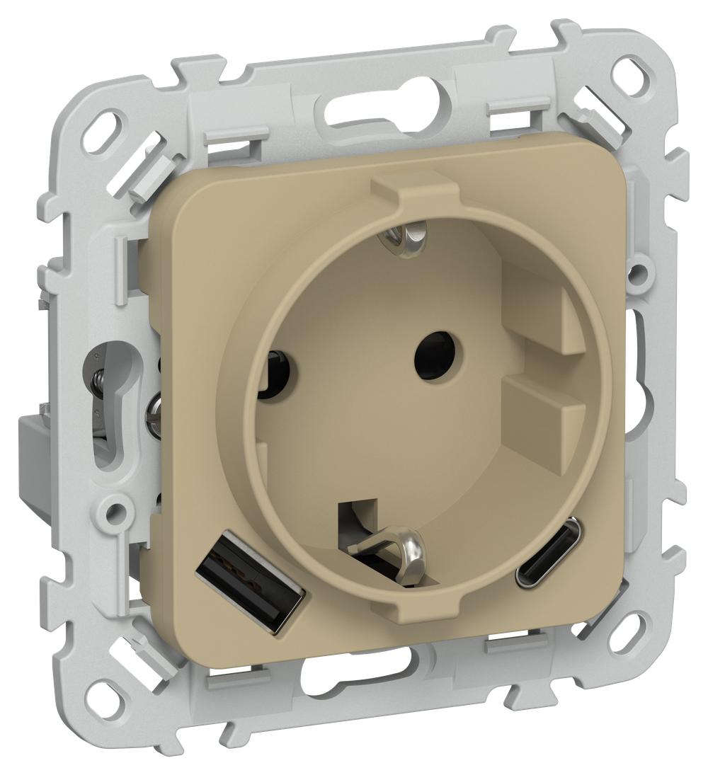 FLITE Розетка 1-местная с заземлением с защитными шторками 16А с USB A+C 20Вт РСЮшс11-0-ФлХ хаки IEK