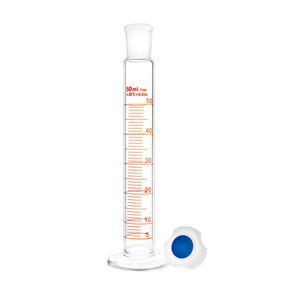 Цилиндр мерный стеклянный с пластиковой пробкой, 50 мл, с круглым стеклянным основанием