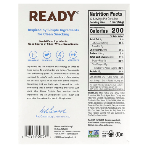 Ready, Clean Protein Bar, ваниль, 12 батончиков, 52 г (1,83 унции)