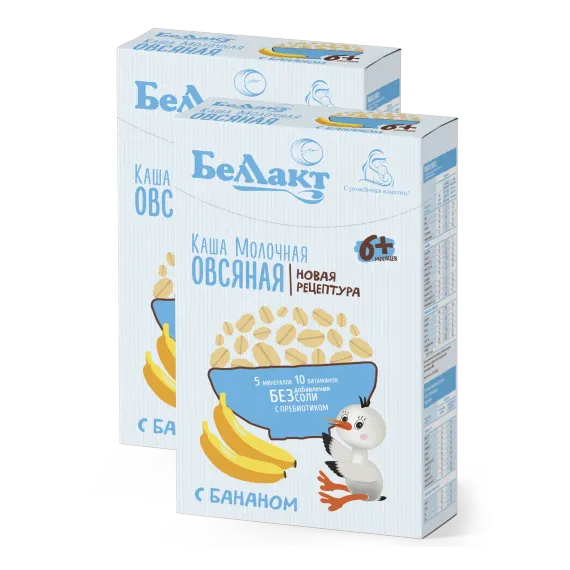 Каша сухая молочная Беллакт овсяная с бананом и пребиотиком быстрорастворимая 250 г х 2 шт