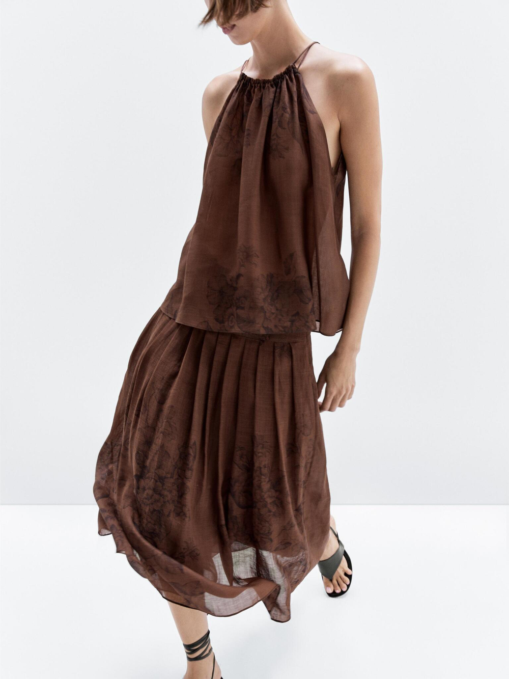 Massimo Dutti Юбка миди А-силуэта с цветочным принтом, шоколадный