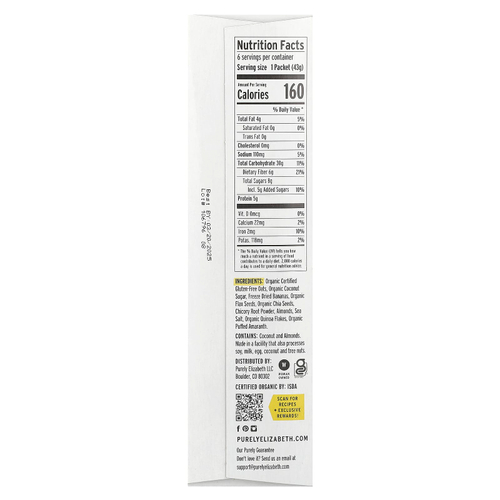 Purely Elizabeth, Овсянка Superfood с пребиотической клетчаткой, банан и орех, 6 пакетиков по 43 г (1,52 унции)