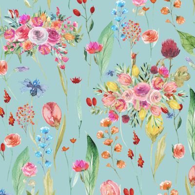 Цветочный принт с летними букетами на бирюзовом фоне