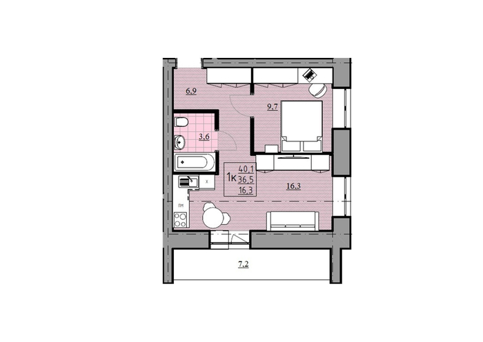 1-комнатная квартира, 36,5 м² / Чистовая отделка