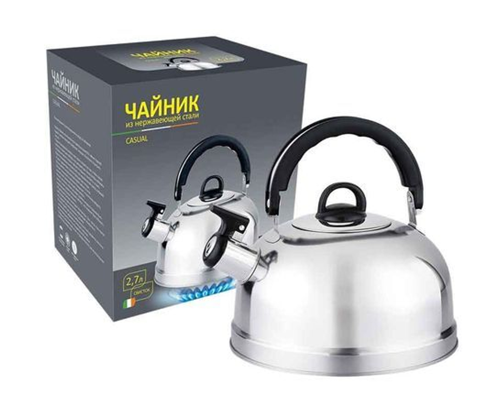 Чайник метал.со свистком (0,3мм) CASUAL, 2,7л, ручка пластик, нерж.сталь 4260 Mallony