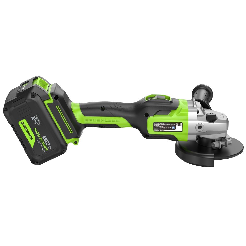 Угловая шлифовальная машина акк. Greenworks GD24AG, 24V, б/щет, 125 мм, 10500 об/мин,1x8Ач,ЗУ,кор (3200207CUH)