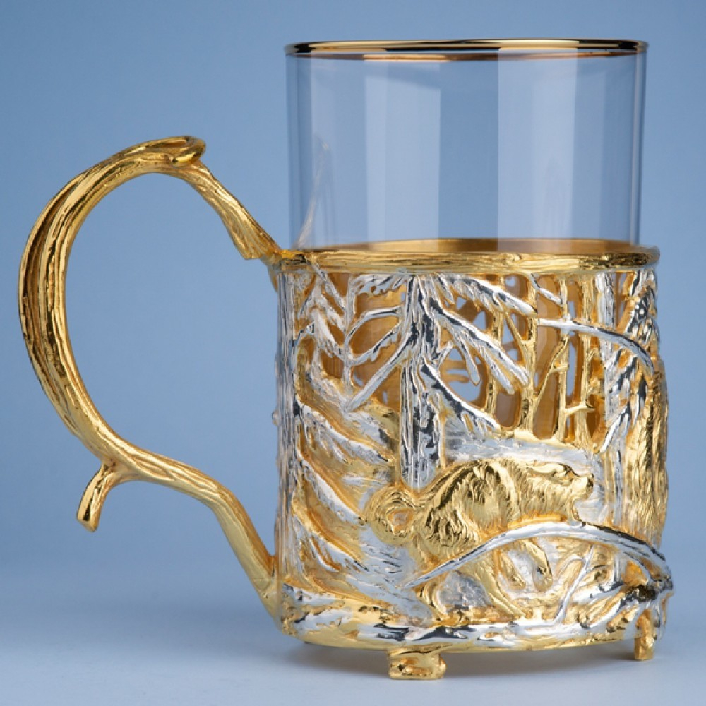 Подстаканник "Охота на медведя" с золочением и серебрением