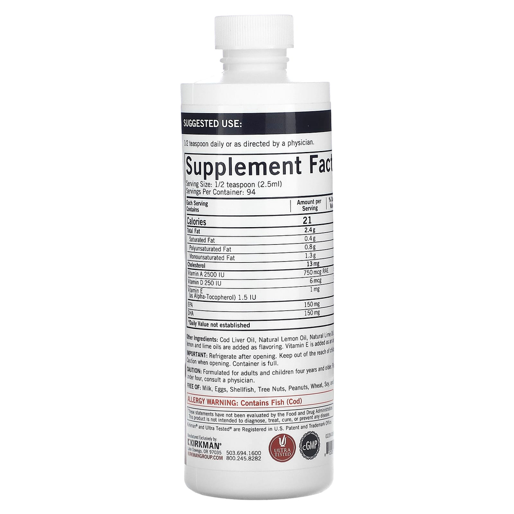 Kirkman Labs, жидкий жир печени трески, натуральный лимон и лайм, 237 мл (8 жидк. унций)