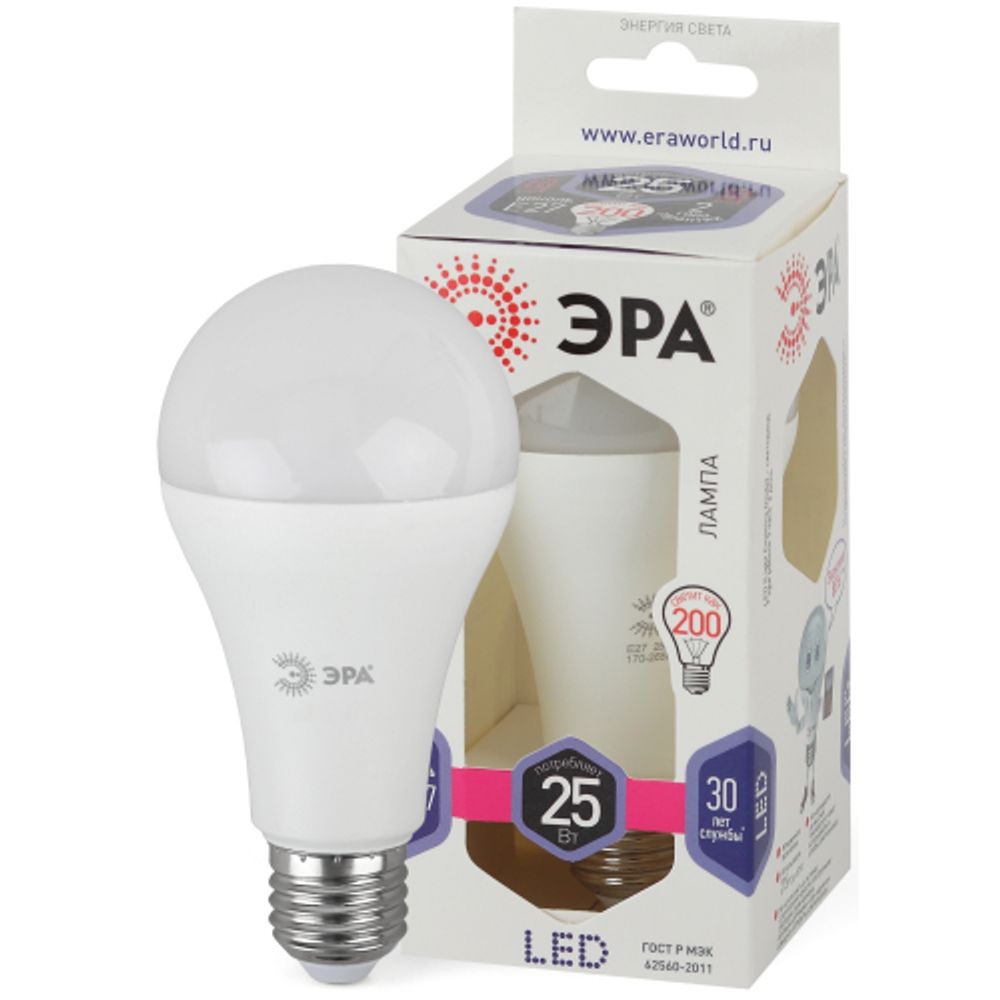 Лампа светодиодная ЭРА STD LED A65-25W-860-E27 25Вт груша холодный дневной свет Е27 | Лампы cветодиодные Груша (A)