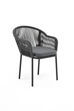 "Лион" стул плетеный из роупа, каркас алюминий серый (RAL7022) муар, роуп серый круглый, ткань серая 017