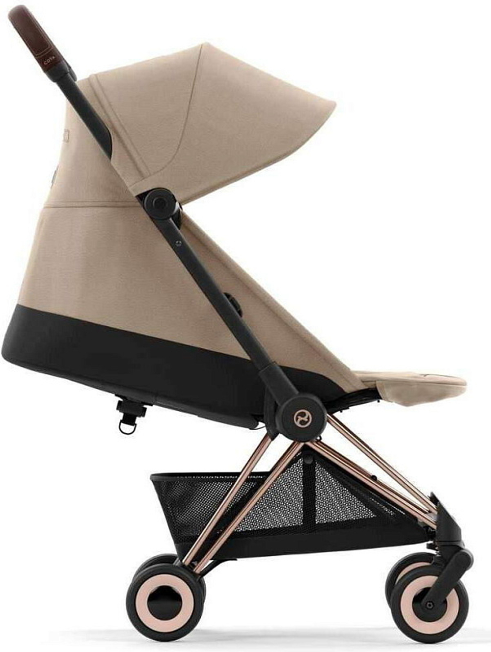 Коляска Cybex Coya Rosegold Frame Cloud G i-Size Fog Grey 2 в 1 Cozy Beige с дождевиком и бампером