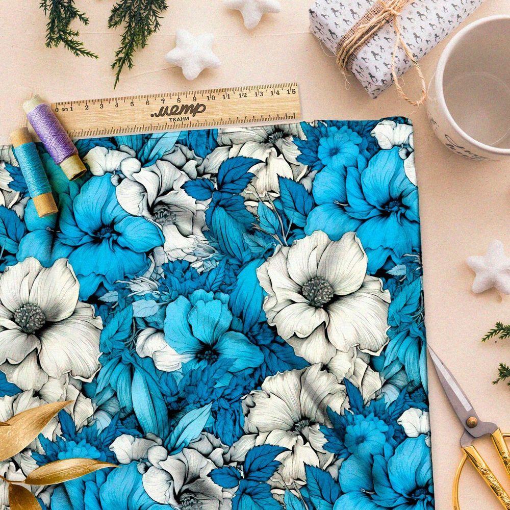 Ткань премиум дюспо бело-голубой фантазийный цветник