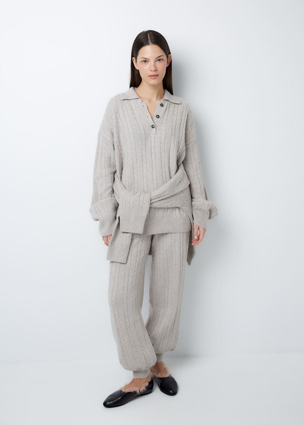 Поло объемного кроя из смесового кашемира серо-бежевый