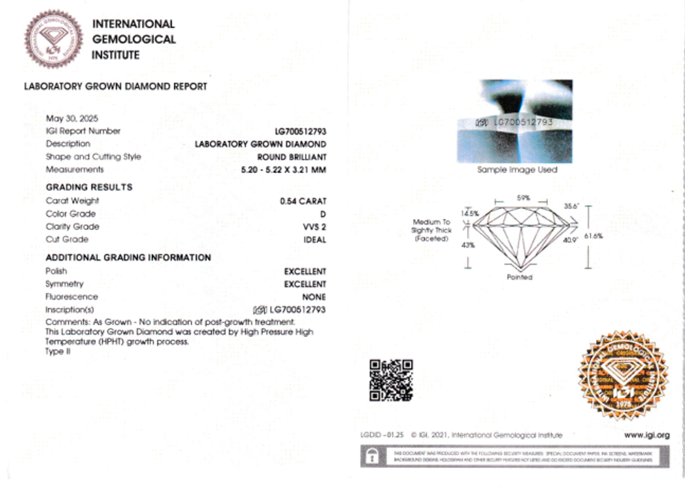 Лабораторно-выращенный бриллиант Кр-57 5.20-5.22 мм D/VVS2 0.54 ct