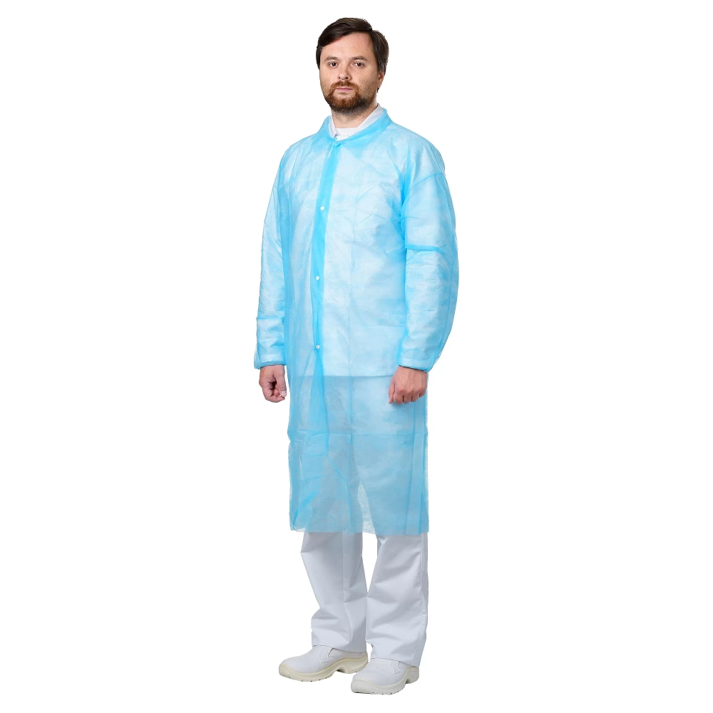 Халат посетительский нестерильный на кнопках спереди Визитер 110 см плотность 20 размер 50-52 XL голубой 50 шт